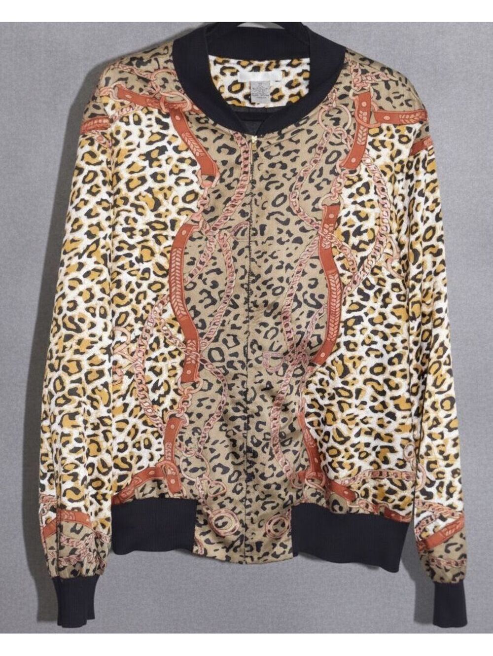 WD.NY Leopard Print Chain Harness Print Bomber Jacket Black Ribbed Trim Size 3X